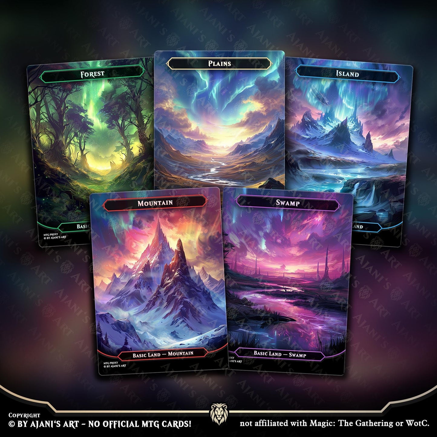 a set of four cards with a mountain scene in the background
