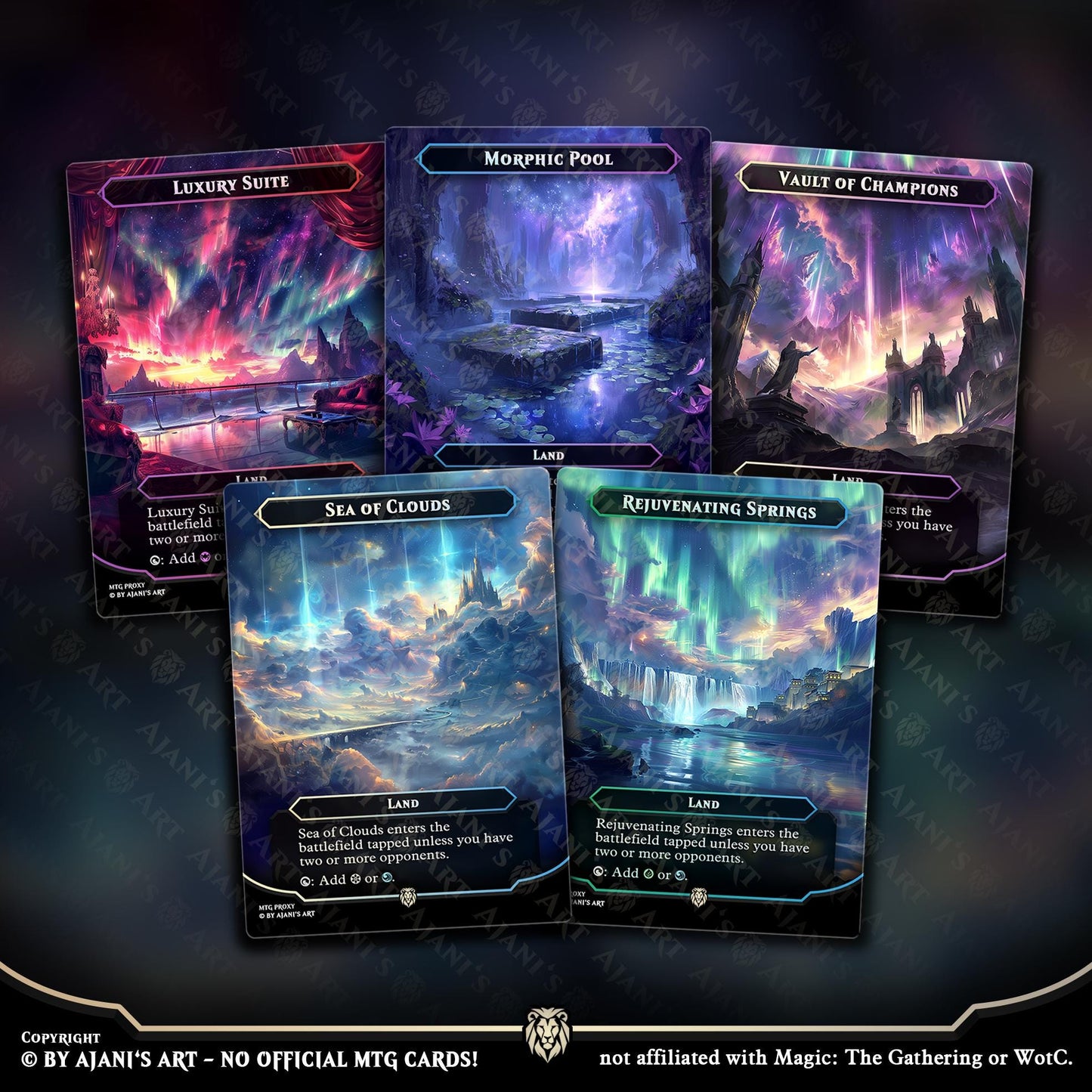 a set of five cards with a picture of a waterfall