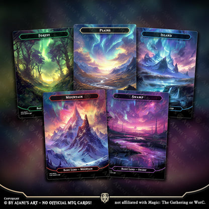 a set of four cards with a mountain scene in the background