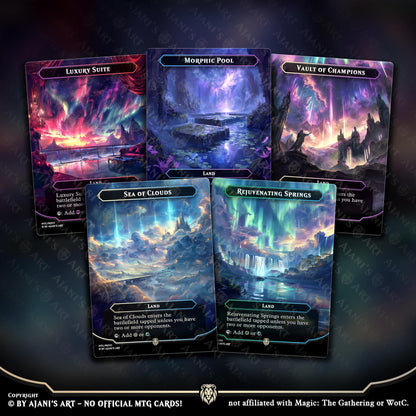 a set of five cards with a picture of a waterfall